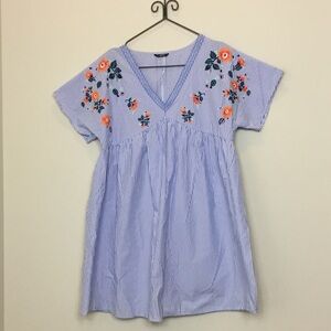 SHEIN Blue & White Striped V-Neck Floral Embroidered Tunic Dress size 2XL